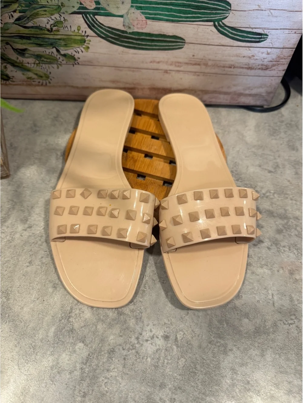 Nude slide-style fashion sandals with studded straps – Size 8